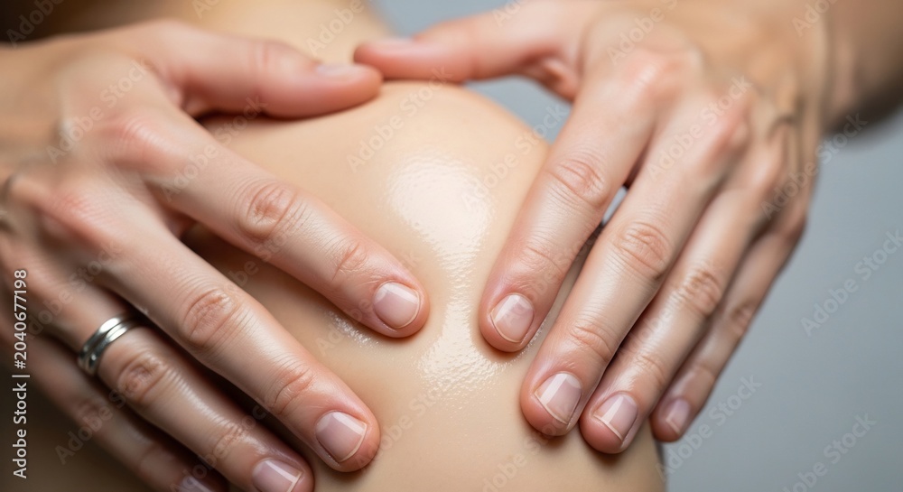 Naklejka premium Close-up of hands massaging a shoulder joint with oil.