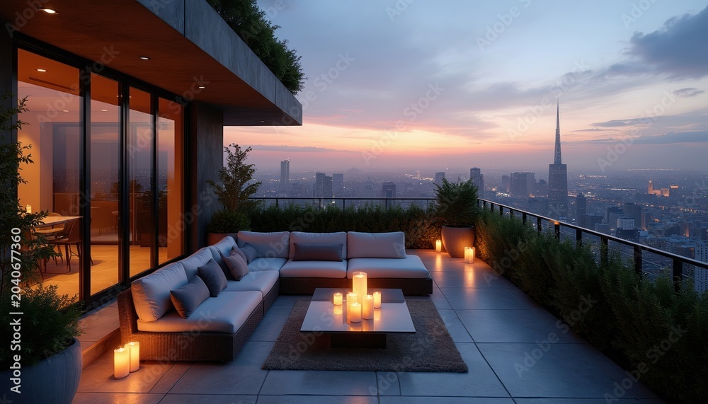 Obraz premium Modern apartment terrace at dusk. Comfortable sofa, candles, city skyline view. Interior design, luxury living, ambiance, relaxation space. Exterior.