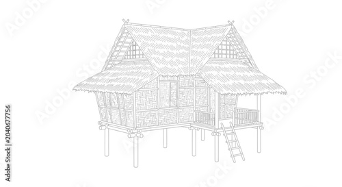 Schilderij op canvas Traditional Hut Illustration - Tropical Architecture, Stilt House Sketch on Whit