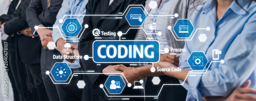 Photography Dynamic image of a business team with an overlay of digital coding elements, emphasizing critical coding processes and collaboration in technology-driven environments