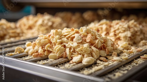 Close-Up of Crushed Grains on a Conveyor Belt in Food Processing Facility
