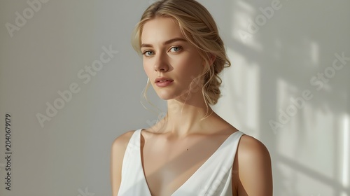 Scandinavian bride wears minimalist white wedding dress with soft blonde braided hairstyle