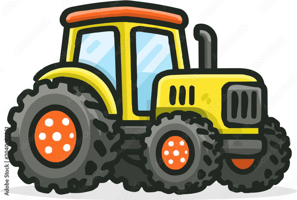 Fototapeta premium A whimsical farm tractor illustration with giant mismatched polka-dotted wheels, vibrant colors, bold outlines, and a cute child-like style, isolated on a solid white background for vector tracing