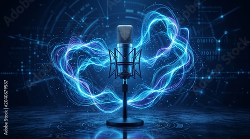 Digital studio microphone surrounded by glowing sound waves. Concept artificial intelligence, audio technology, podcast, streaming, communication, innovation. Generative AI.