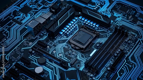 Close-up view of a computer motherboard with glowing blue circuits and processor