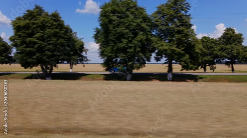 A picturesque road in an alley of trees and wheat fields around with a blue car driving along it with travelers inside
