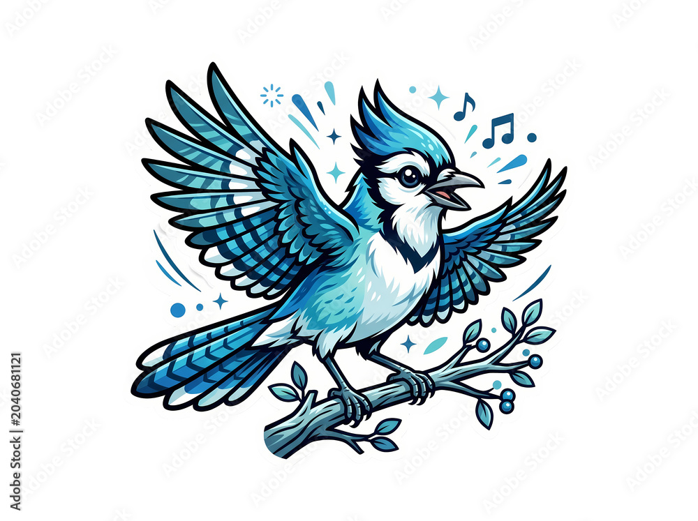 Fototapeta premium An illustration of a cute blue parrot perched on a tree branch in the wild