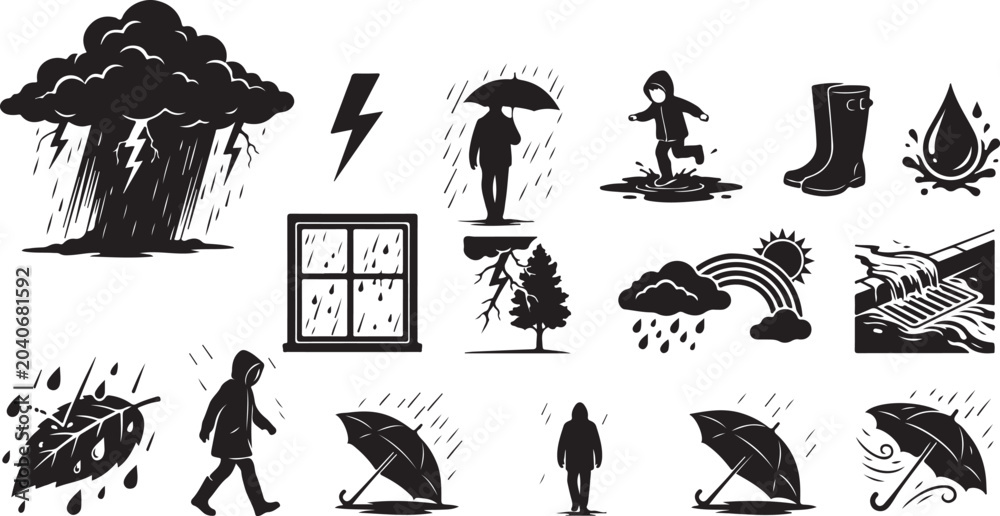 Obraz premium Set of weather icons with rain, storm, umbrella, boots, rainbow, and leaf isolated on white background, Vector