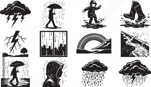 Bild auf Leinwand Collection of rain and storm weather icons and illustrations isolated on white b