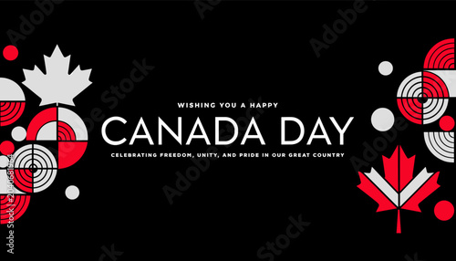 Tableau sur toile Happy Canada Day graphic with maple leaves and abstract geometric patterns in red and white on a black background