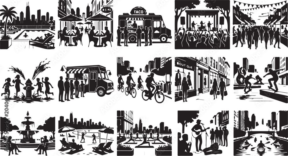 Fototapeta premium City life montage with people enjoying various outdoor activities, food trucks, and music events isolated on white background, Vector