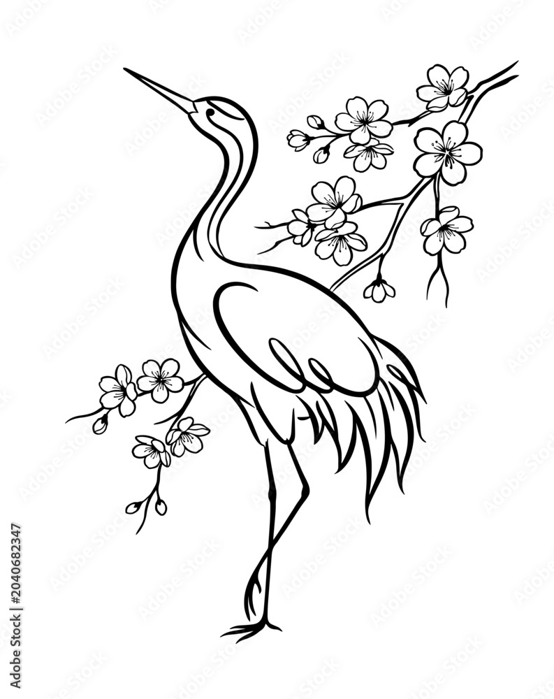 Naklejka premium Vector illustration of a graceful crane standing beside a flowering branch, symbolizing peace, longevity and natural beauty, isolated on a transparent background. Asian style