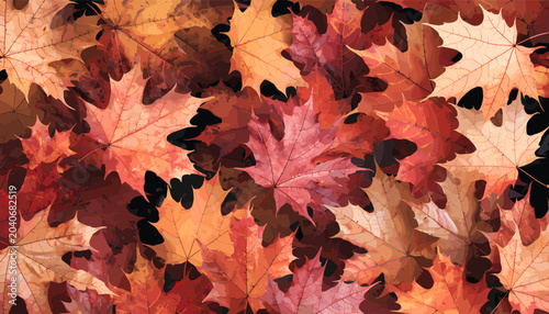 Foto A vibrant and detailed close-up of numerous fallen autumn leaves in rich shades of red, orange, and brown, creating a colorful natural pattern