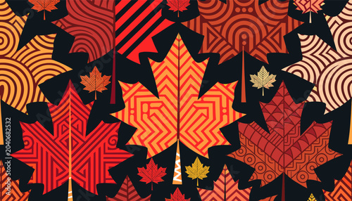 Quadro su tela Intricate geometric patterns adorn a vibrant collection of stylized maple leaves in autumnal hues against a dark background