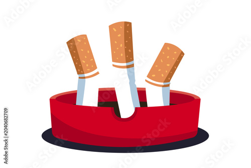 Photos Red ashtray filled with extinguished cigarette butts, flat vector illustration highlighting smoking waste, tobacco addiction, pollution and unhealthy lifestyle habits