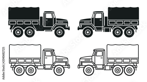 Photos Military Truck Silhouettes Black And White Line Art Illustration
