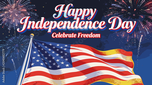 Tableau sur toile Happy Independence Day celebration with fireworks and the American flag waving proudly, symbolizing freedom and patriotism