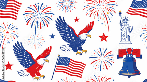 Bild auf Leinwand A vibrant patriotic illustration featuring American symbols like eagles, flags, fireworks, the Statue of Liberty, and the Liberty Bell, perfect for national celebrations
