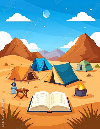 A desert campsite with tents, campfire, and an open book