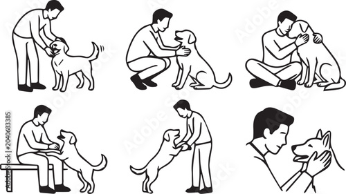 Man and Dog Bonding: Caring and Playing Line Art Set