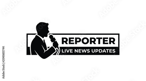 Obraz na plátně Reporter Silhouette With Microphone And News Banner Black On White