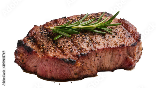 Konstfotografi Juicy grilled sirloin steak with rosemary and cracked pepper, isolated on transp