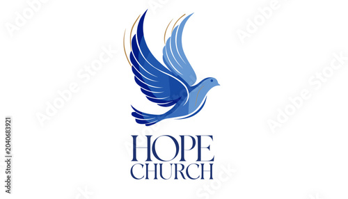 Fotografía A blue dove with outstretched wings, symbolizing peace and hope, hovers above the text 'HOPE CHURCH'