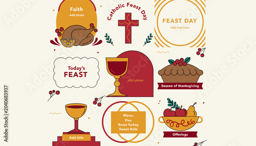 Schilderij op canvas Illustrative collection of Catholic feast day and Thanksgiving elements with religious symbols, food items, and seasonal decorations