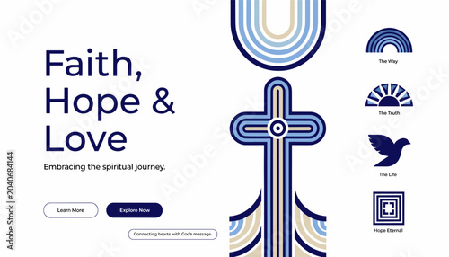 Cuadro en lienzo A modern graphic design featuring a stylized cross and spiritual icons, with text 'Faith, Hope & Love' for a religious or inspirational theme