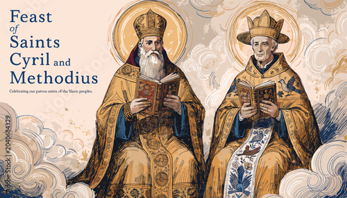 Vászonkép Feast of Saints Cyril and Methodius: Celebrating the patron saints of Europe with a depiction of two bishops holding books
