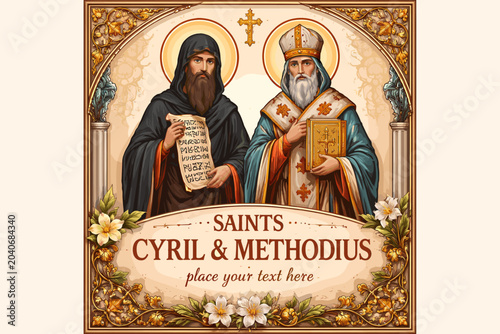 Foto An ornate depiction of Saints Cyril and Methodius, holding scrolls and books, surrounded by decorative elements and floral motifs
