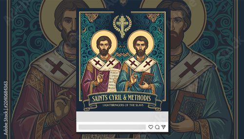 Photography An artistic depiction of Saints Cyril and Methodius, patrons of Europe, in a style reminiscent of Byzantine icons, presented within a social media post frame