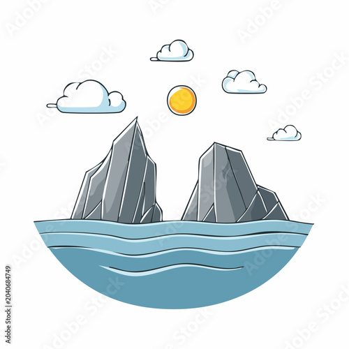Stylized Illustration of Rocky Islands in the Ocean Under a Sunny Sky
