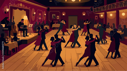 Schilderij op canvas Elegant Tango Dancers in a Retro Ballroom Club with Live Band Vector
