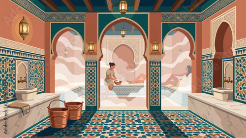 Fotografie Traditional Moroccan Hammam Spa Interior, Luxury Bathhouse and Wellness Vector