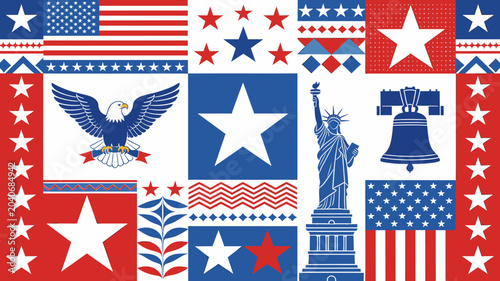 Schilderij op canvas A vibrant collage of American patriotic symbols including the flag, eagle, Statue of Liberty, and Liberty Bell, set against a red, white, and blue color scheme