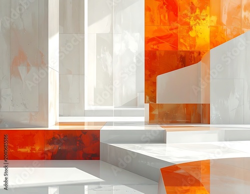 A modern architectural interior with orange and white geometric structures