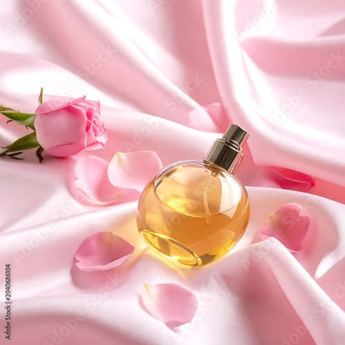 A perfume bottle surrounded by rose petals on pink fabric