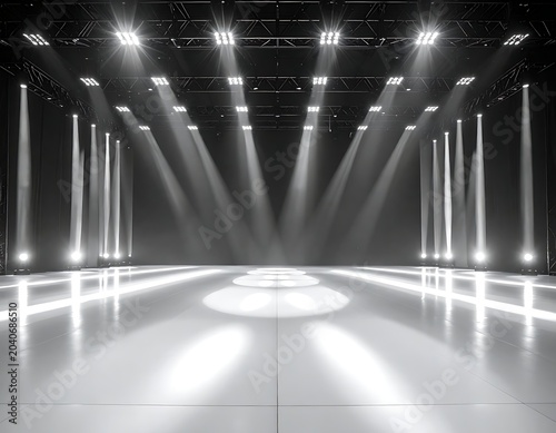 A large empty room with bright lights shining down