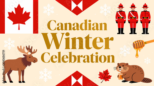 Illustration of a Canadian Winter Celebration featuring national symbols like the flag, Mounties, moose, beaver, and maple leaves.