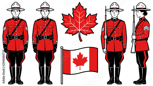 Illustrative depiction of Royal Canadian Mounted Police officers in red serge uniforms, alongside a Canadian flag and a maple leaf symbol.