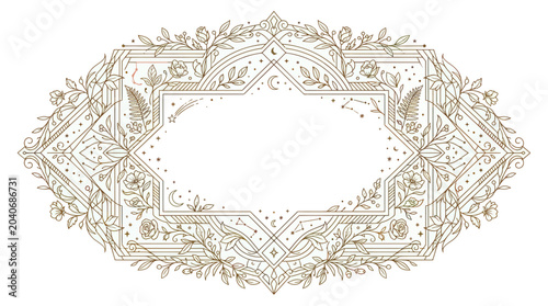 Slika na platnu Ornate Floral Frame with Celestial Elements - Golden Outline Border Design