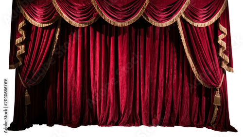 Fototapeta Luxurious red velvet theater curtains with gold trim, isolated on transparent background