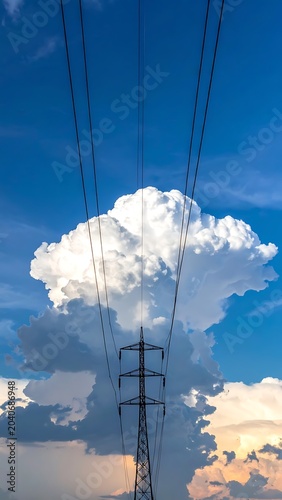 A power line tower under a large fluffy cloud