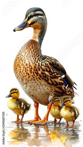 A mother duck and her ducklings standing in shallow water
