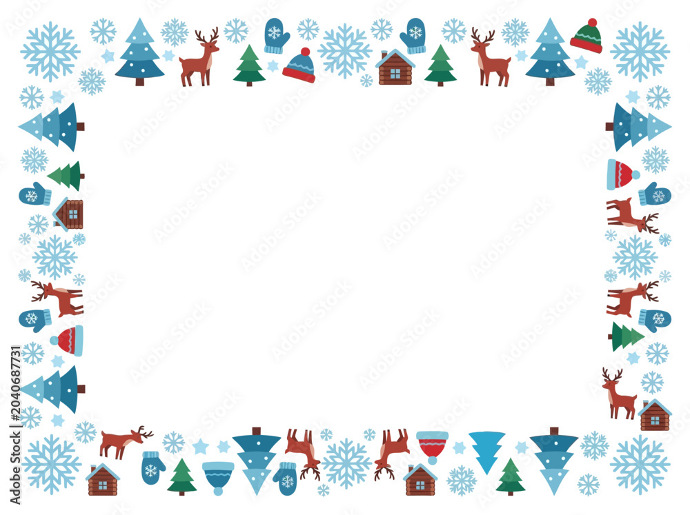 Obraz premium Festive winter holiday frame with snowflakes, reindeer, pine trees, mittens, and houses on a white background, perfect for seasonal greetings.