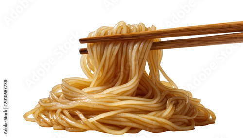 Foto Wooden chopsticks lifting cooked wheat noodles, isolated on transparent backgrou