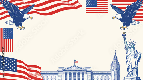 An artistic patriotic frame featuring American flags, eagles, the Statue of Liberty, and a government building, evoking national pride and freedom.