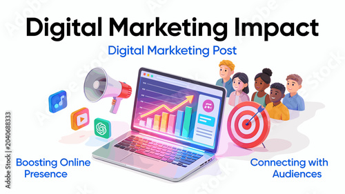 Foto Illustration of digital marketing impact showing a laptop with a growth chart, megaphone, social media icons, target, and diverse audience, emphasizing online presence and audience connection