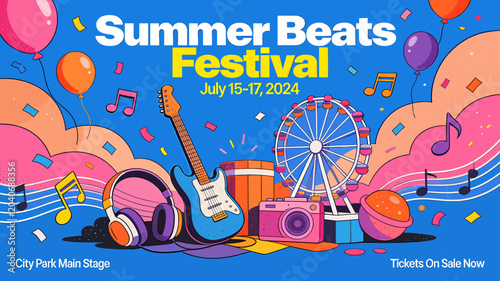 A vibrant illustration promoting the 'Summer Beats Festival' with musical instruments, a Ferris wheel, balloons, and confetti, set against a blue sky.